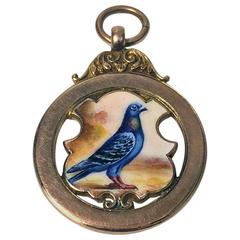 1899 Antique English Birmingham Enamel Gold Pigeon Pendant