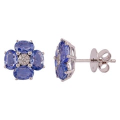 4.20 Carat Blue Sapphire Stud Earrings with Diamond in 18 Karat White Gold