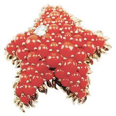 1960s Tiffany & Co. Coral Diamond Gold Starfish Cluster  Brooch