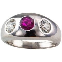 1910 Ruby Diamond Platinum Three-Stone Gypsy Ring