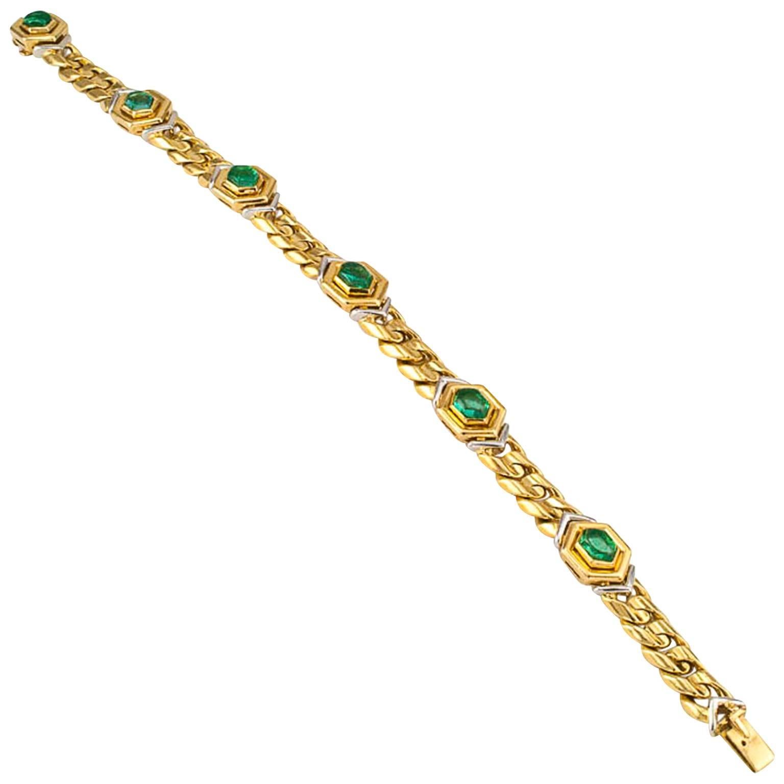Bulgari Emerald Gold Platinum Link Bracelet