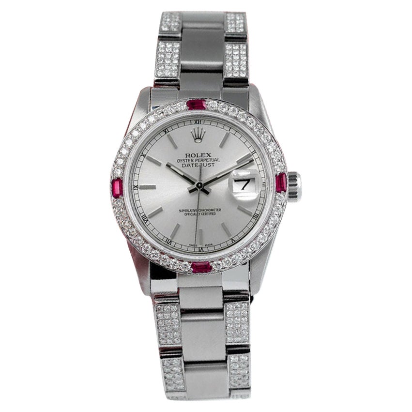 Rolex Datejust Austernbanduhr, Silber Zifferblatt Diamant Diamant/Ruby Lünette Oyster Band Uhr im Angebot