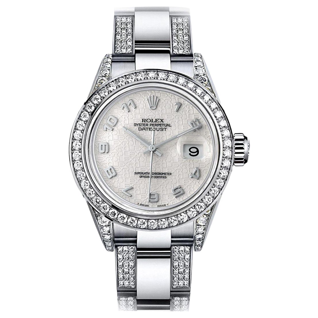 Rolex 31mm Datejust Steel Oyster Band Diamond/Emerald Bezel Silver Dial Watch For Sale