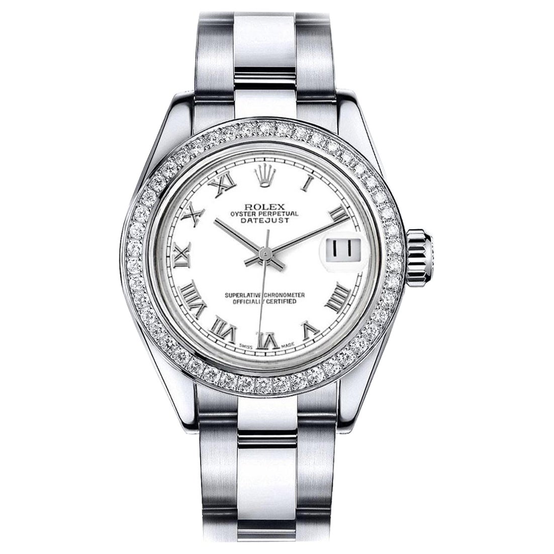 Ladies Rolex Datejust Diamond Bezel White Roman Dial Oyster Band Watch For Sale