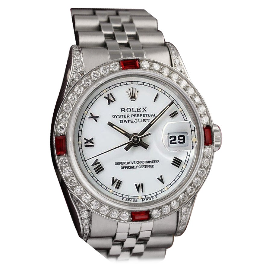 Rolex Datejust White Roman Dial Ruby/Diamond Bezel Jubilee Band Watch For Sale