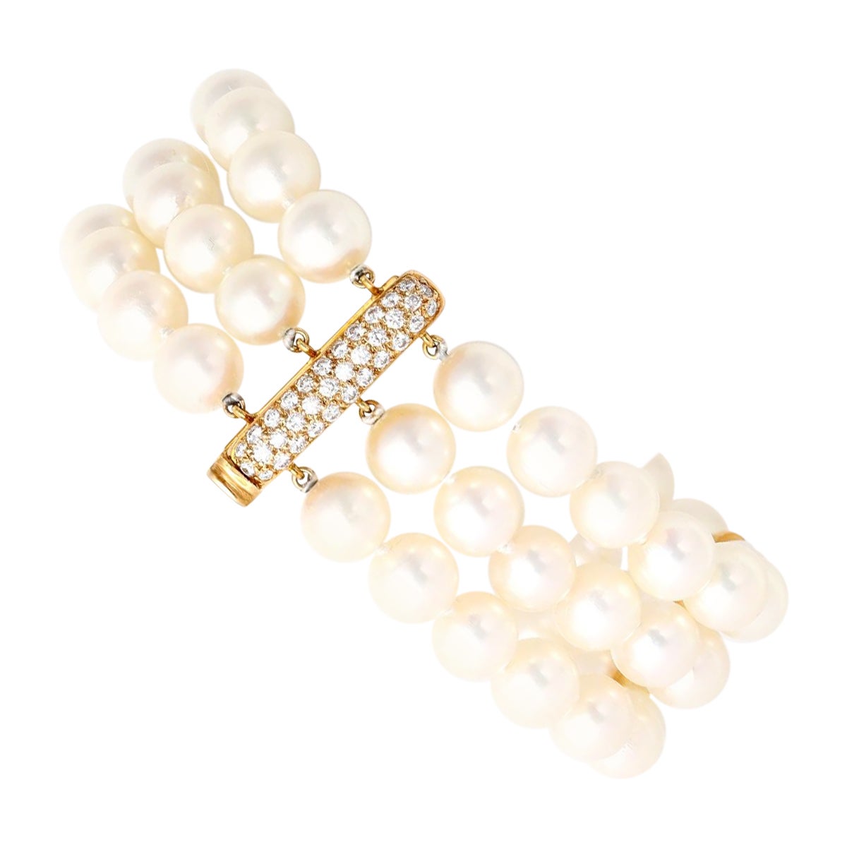 Vintage Pearl Diamond 18k Yellow Gold Three Strand Bracelet For Sale