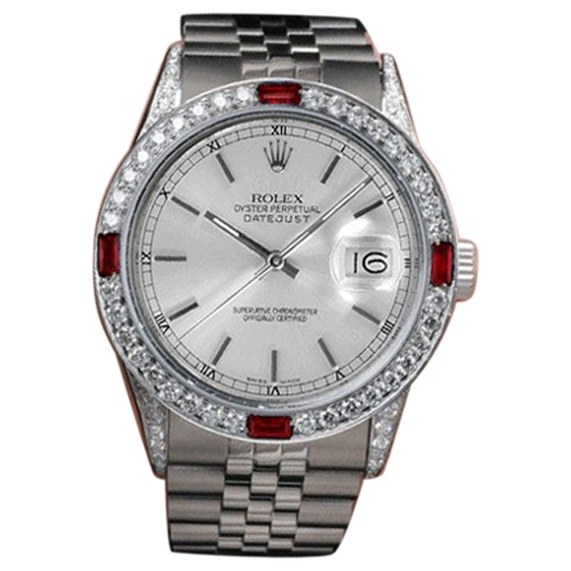 Rolex 36mm Datejust Ruby/Diamond Bezel Silver Stick Dial Automatic Watch For Sale