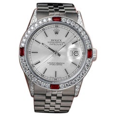 Used Rolex 36mm Datejust Ruby/Diamond Bezel Silver Stick Dial Automatic Watch