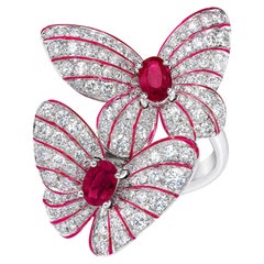 Anillo Mariposa Gemela Oro Blanco 18KT Diamante 1,70Ct Rubí 0,95Ct