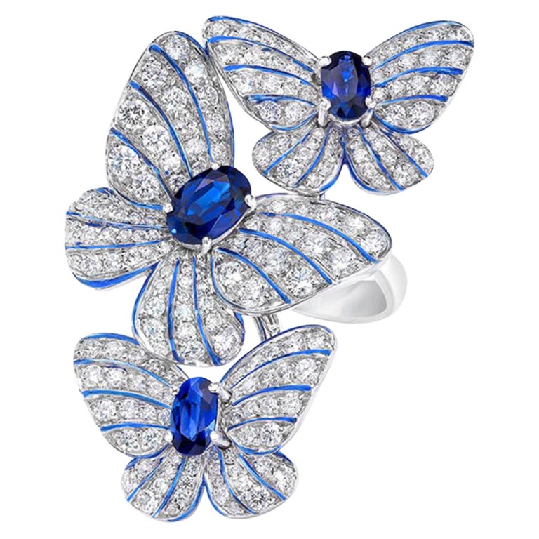 18kt White Gold Diamond 1.56ct. Blue Sapphire 1.18 Carat Triple Butterfly Ring For Sale