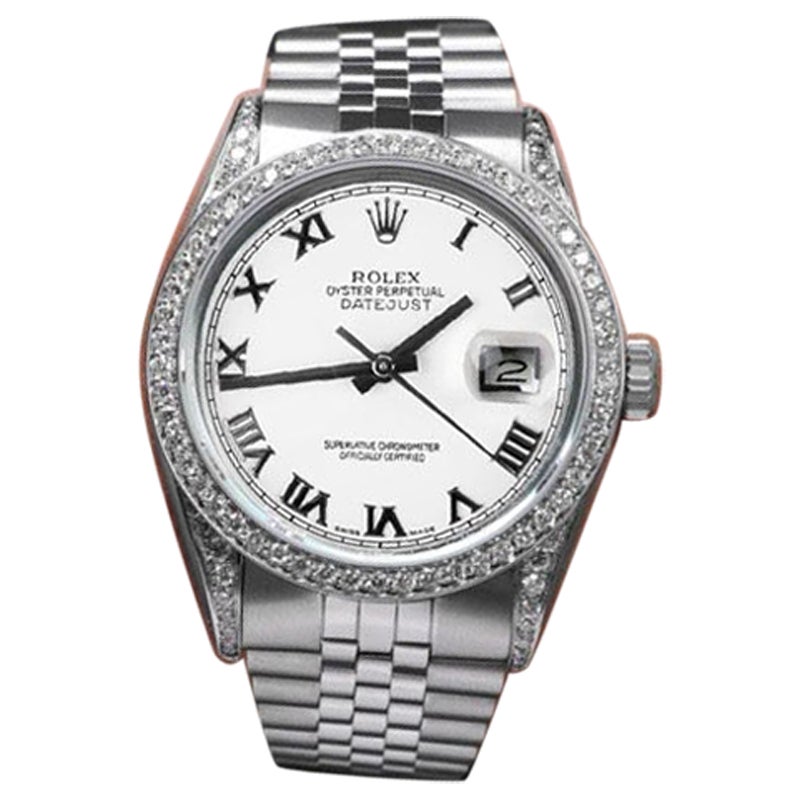 Rolex Montre datejust en acier avec cadran romain blanc 36 mm et lunette en diamants en vente