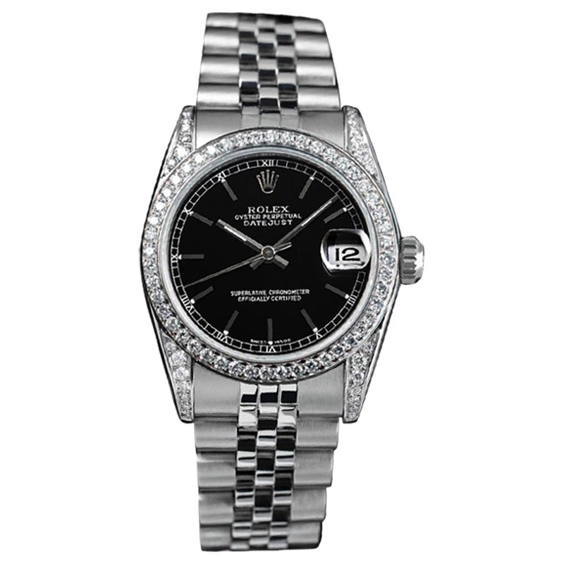 Rolex Datejust lunetta con diamanti / anse quadrante nero in acciaio