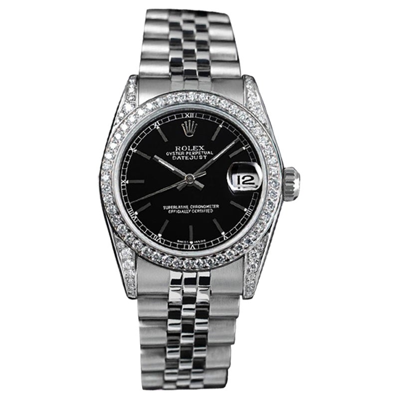 Rolex Datejust Diamond Bezel / Lugs Black Index Dial Steel Watch For Sale