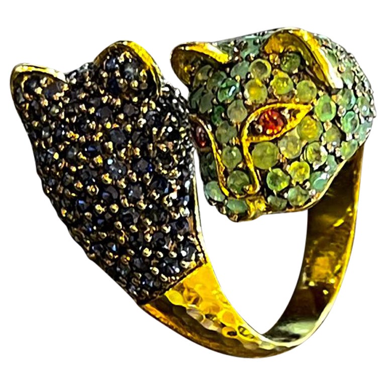 Bochic “Jungle” Blue Sapphire and Green Emerald Ring, Set in 22k Gold & Silver For Sale
