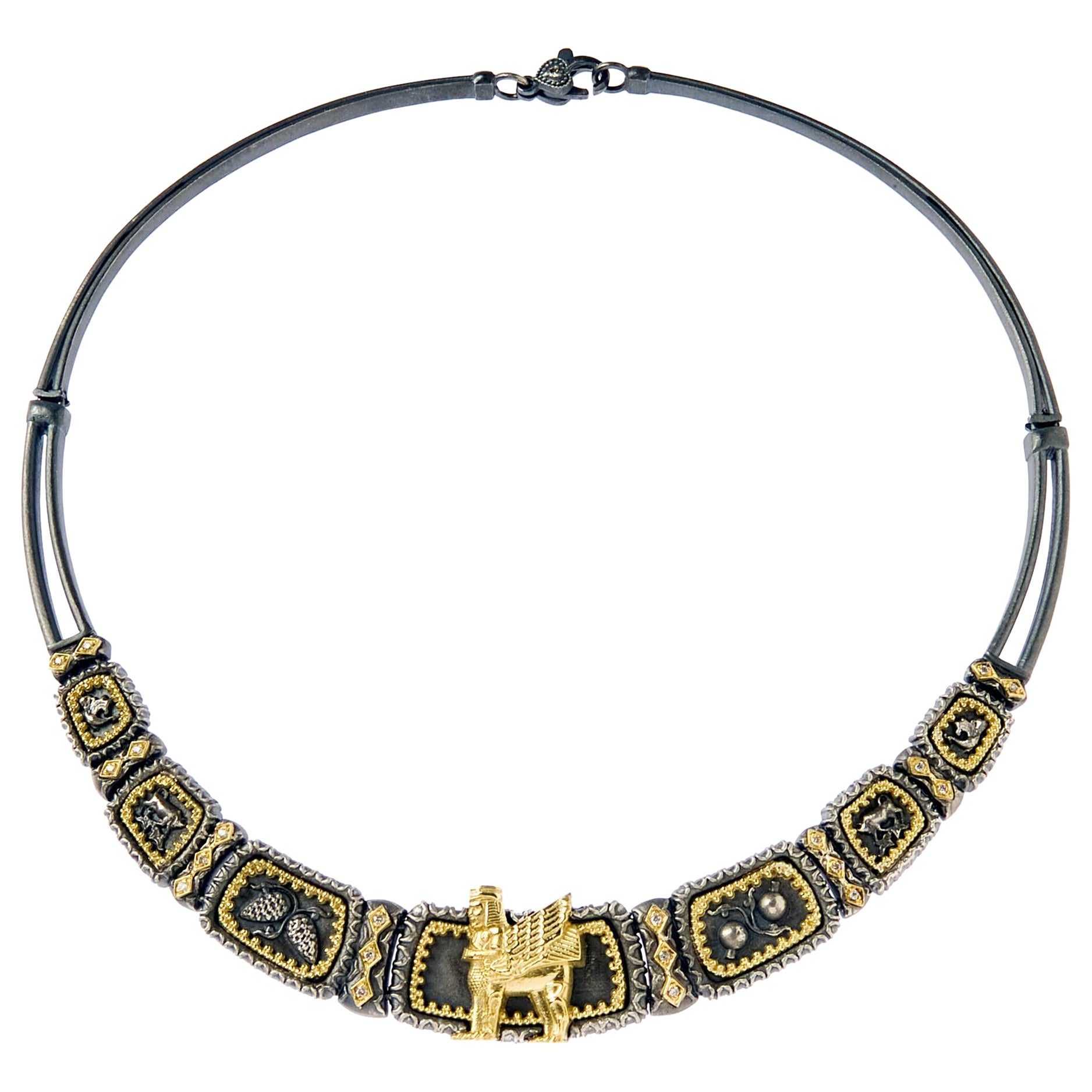 Stambolian Erebuni Choker-Halskette aus gealtertem Silber 18k Gold und Diamanten