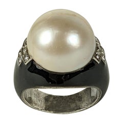Antique Art Deco Mabe Pearl, Enamel and Diamond Ring, Attributed Boivin