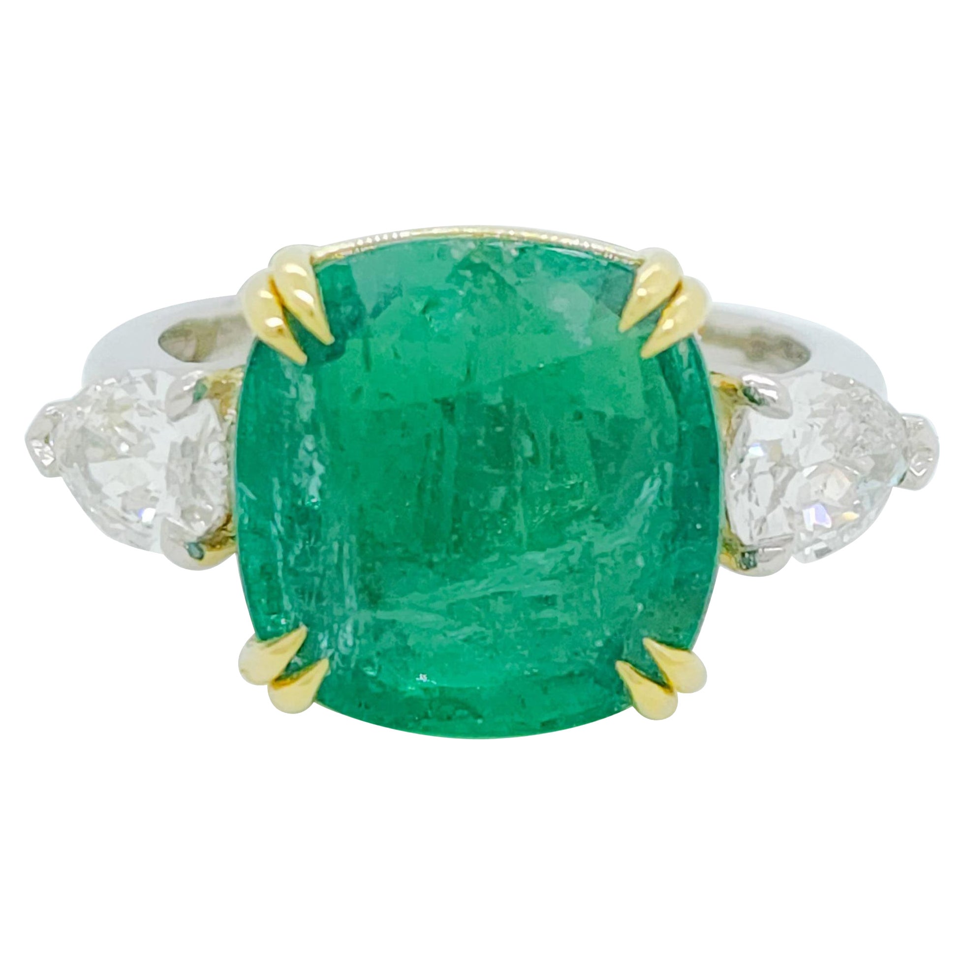 Emerald Cushion and White Diamond Pear Shape Three Stone Ring For Sale
