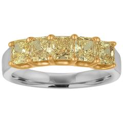 1.48 Carats Diamond Radiant Fancy Yellow Five Stone Gold Platinum Half Band Ring