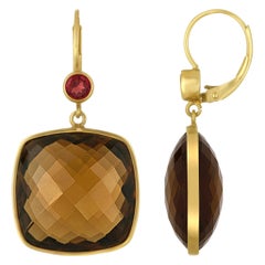 30.00 Carats Cushion Cut Smokey Quartz Garnet Gold Earrings