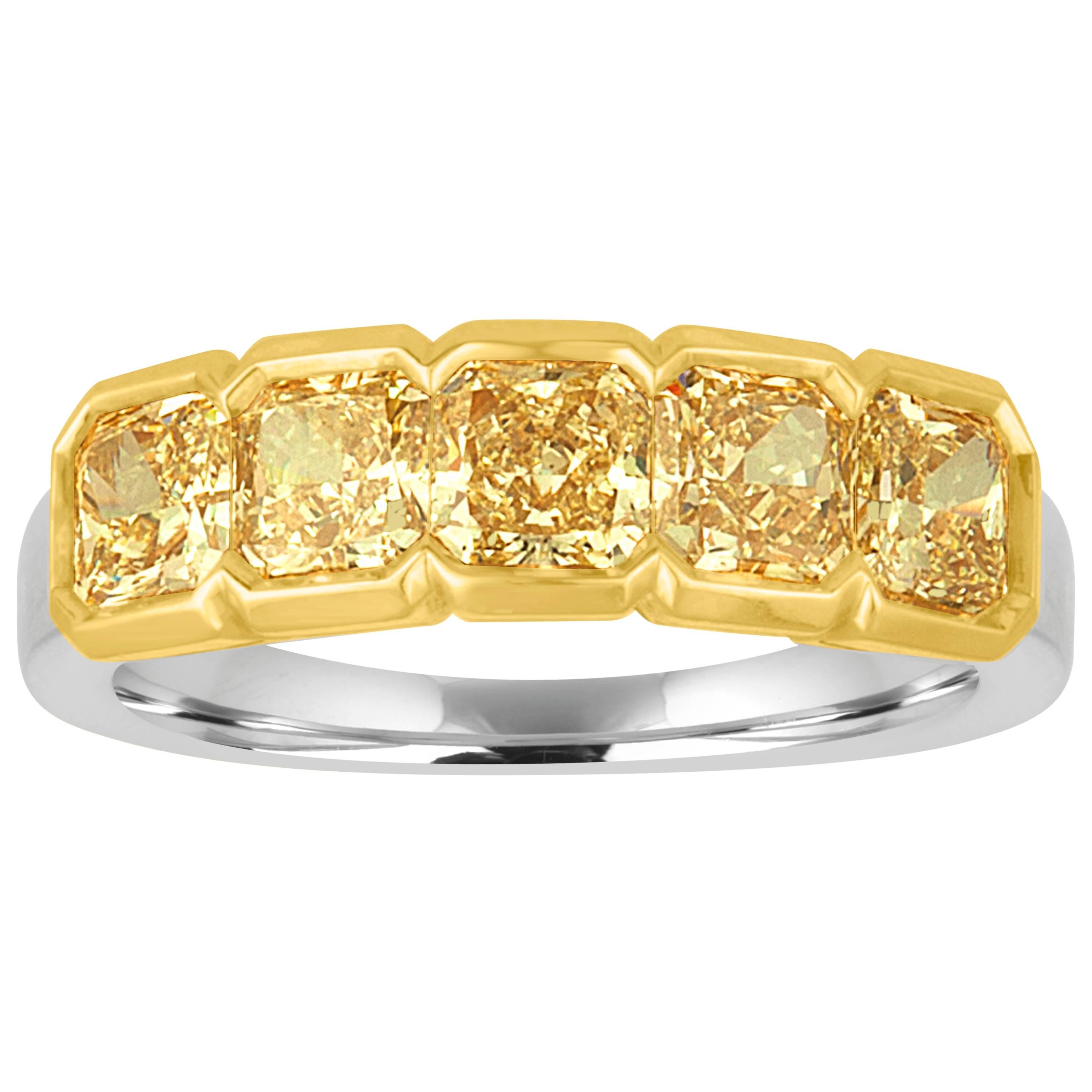 Fancy Yellow 5 Stone Half Diamond Gold Platinum Band Ring 