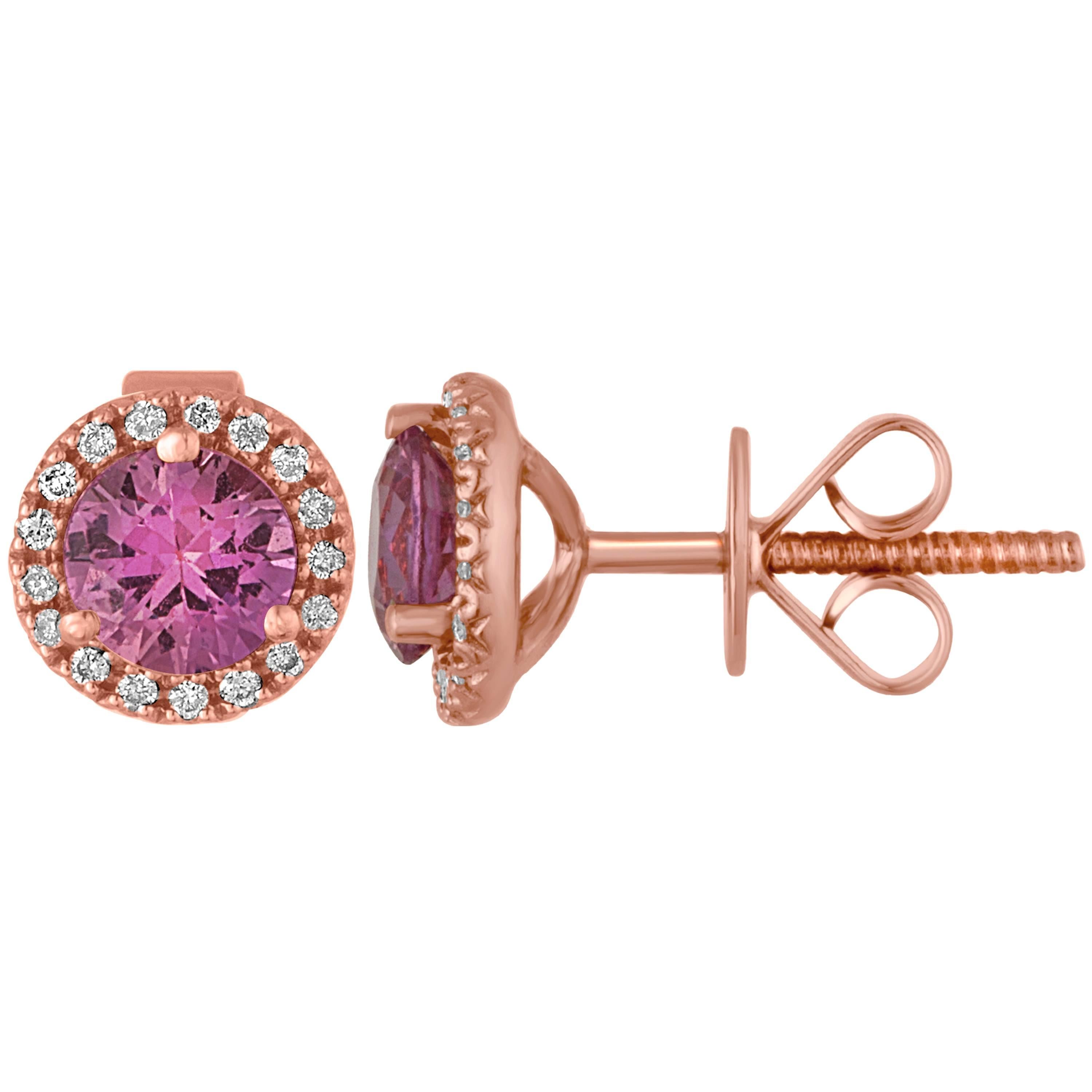 1.30 Carats Pink Sapphire Diamond Halo Gold Stud Earrings For Sale