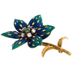 1960s Enamel Emerald Diamond Gold Floral Pin Brooch