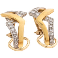 Vintage 1950s Diamond Gold Platinum Zig-Zag Earrings