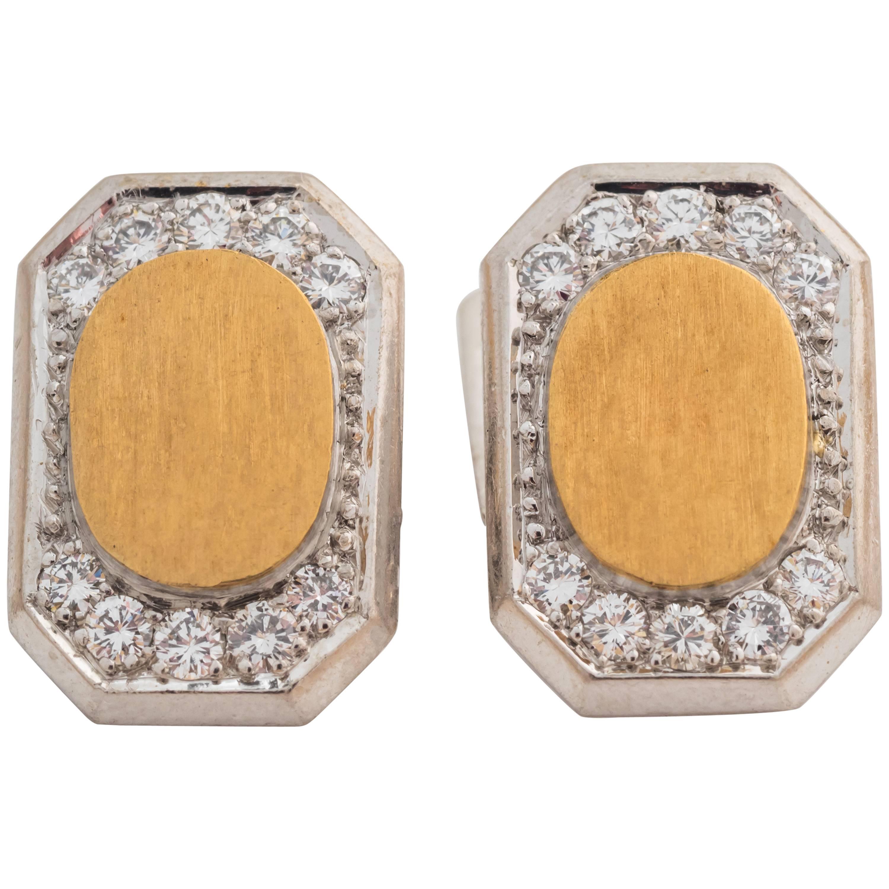1950s Diamond and 18 Karat Yellow Gold Platinum Cufflinks For Sale