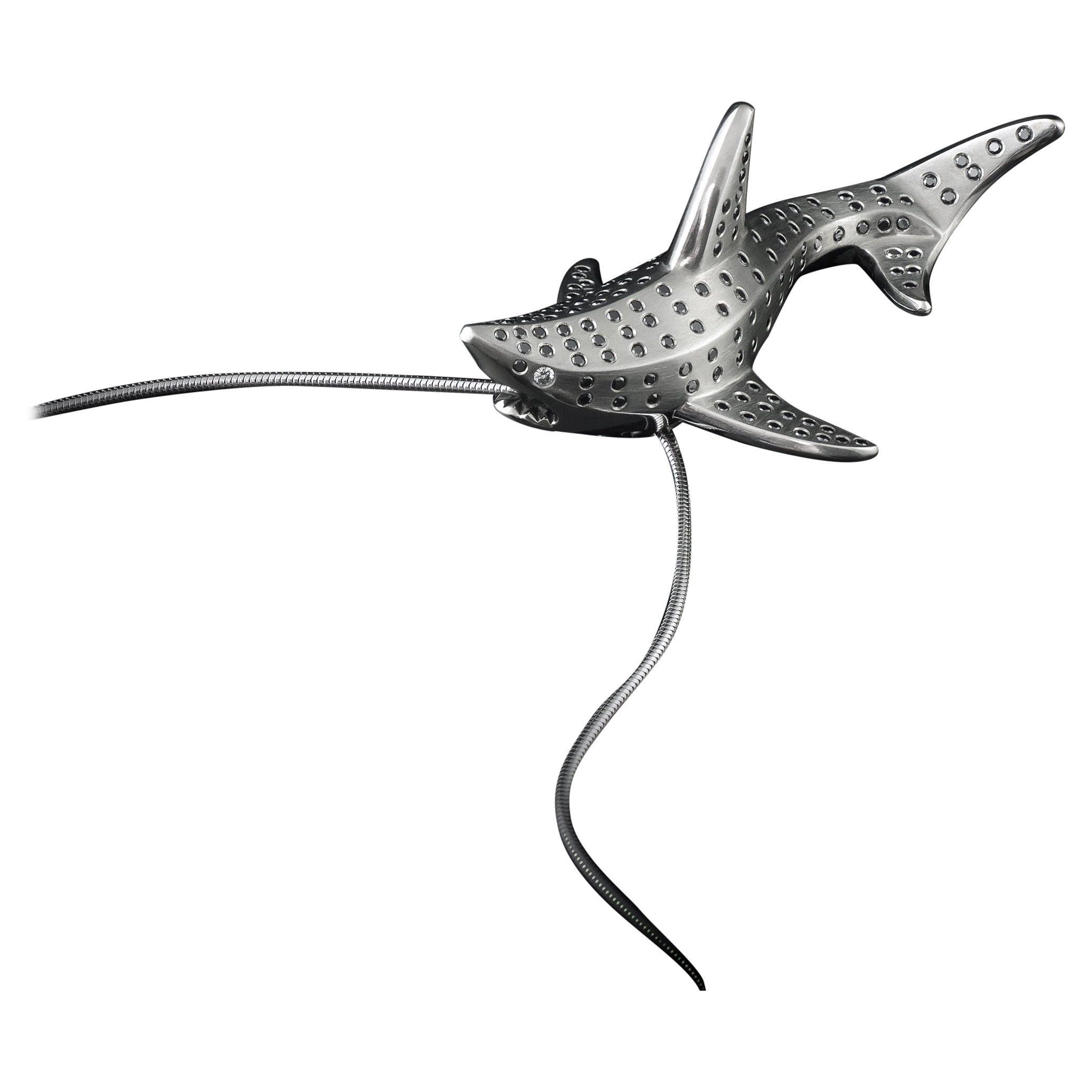 Sculptural Shark Pendant, Handmade of Palladium, 194 Black & White Diamons For Sale