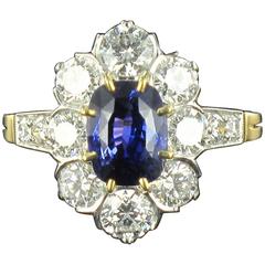 New French Cushion Cut Sapphire Diamond Gold Platinum Cluster Ring