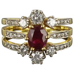 New French Ruby Diamond Gold Three Band Ring 5