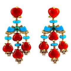 Art Deco White Diamond Emerald Red Coral Turquoise Yellow Gold Clip-On Earrings