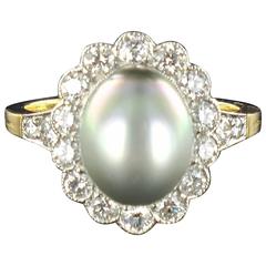 New French Tahitian Pearl Diamond Gold Platinum Ring 6