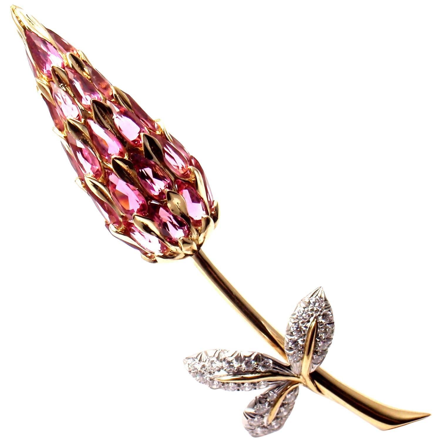 Tiffany & Co. Schlumberger Pink Tourmaline Diamond Gold Pin Brooch