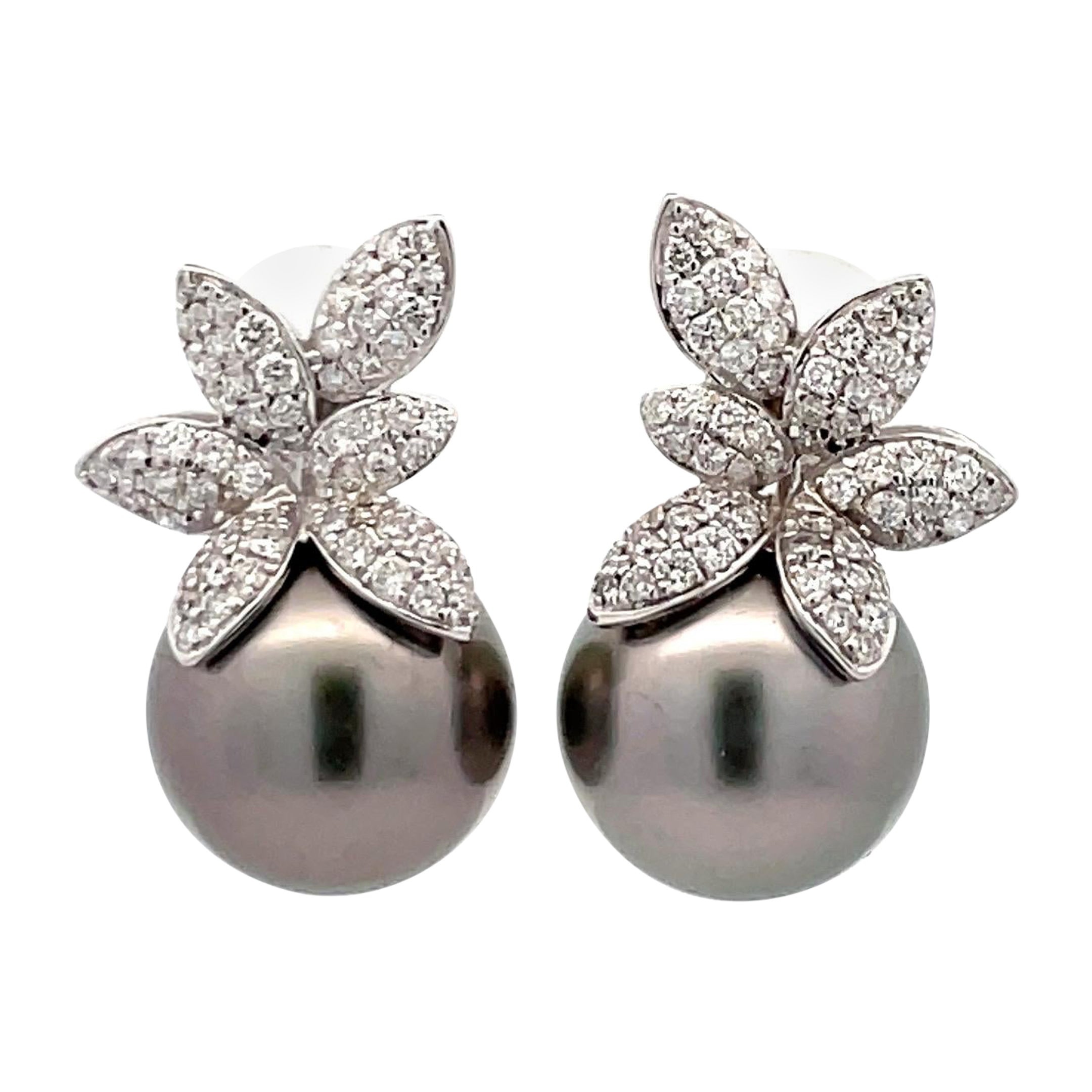 Diamond Cluster Floral Tahitian Pearl Drop Earrings 1.03 Carat 18 Karat 12-13 MM For Sale