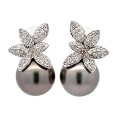 Vintage Diamond Cluster Floral Tahitian Pearl Drop Earrings 1.03 Carat 18 Karat 12-13 MM