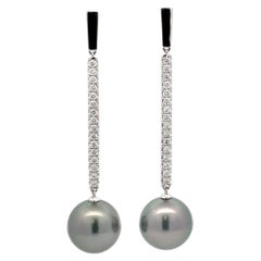 Tahitian Pearl Diamond Drop Bar Earrings 0.63 Carat 18 Karat White Gold 12-13 MM