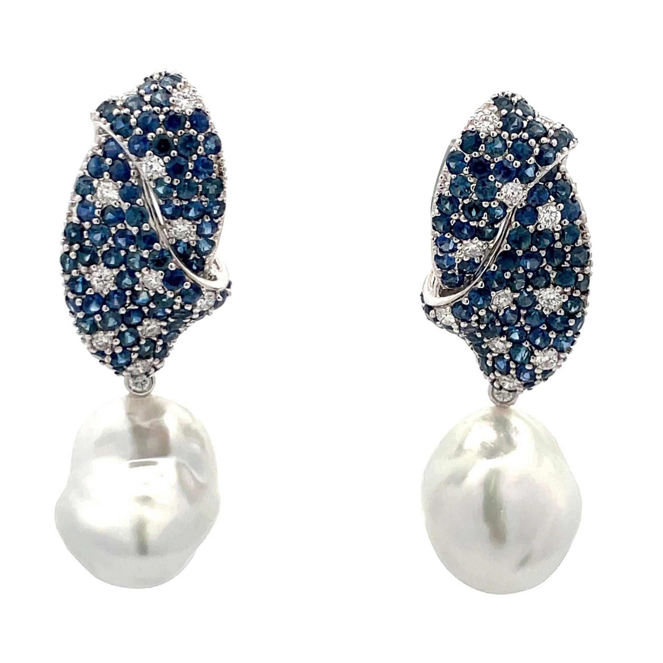 Sapphire Diamond South Sea Pearl Drop Earrings 10.21 Carat 18 Karat 15-16 MM For Sale