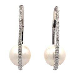 18 Karat White Gold Diamond Hoop Freshwater Pearl Earrings 0.50 Carats 10-11 MM