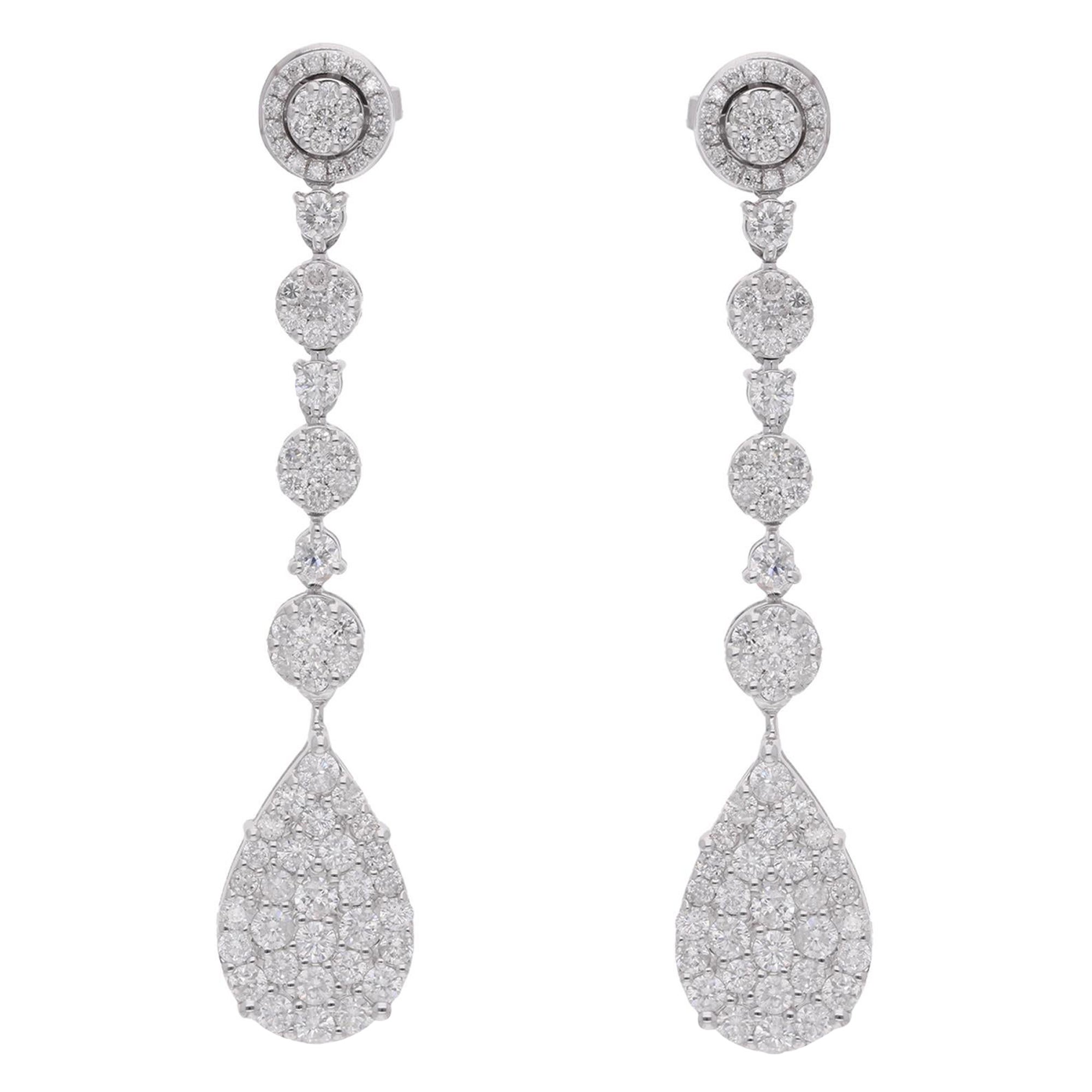 2.90 Carat Diamond Pave Dangle Earrings 18 Karat White Gold Handmade Jewelry For Sale