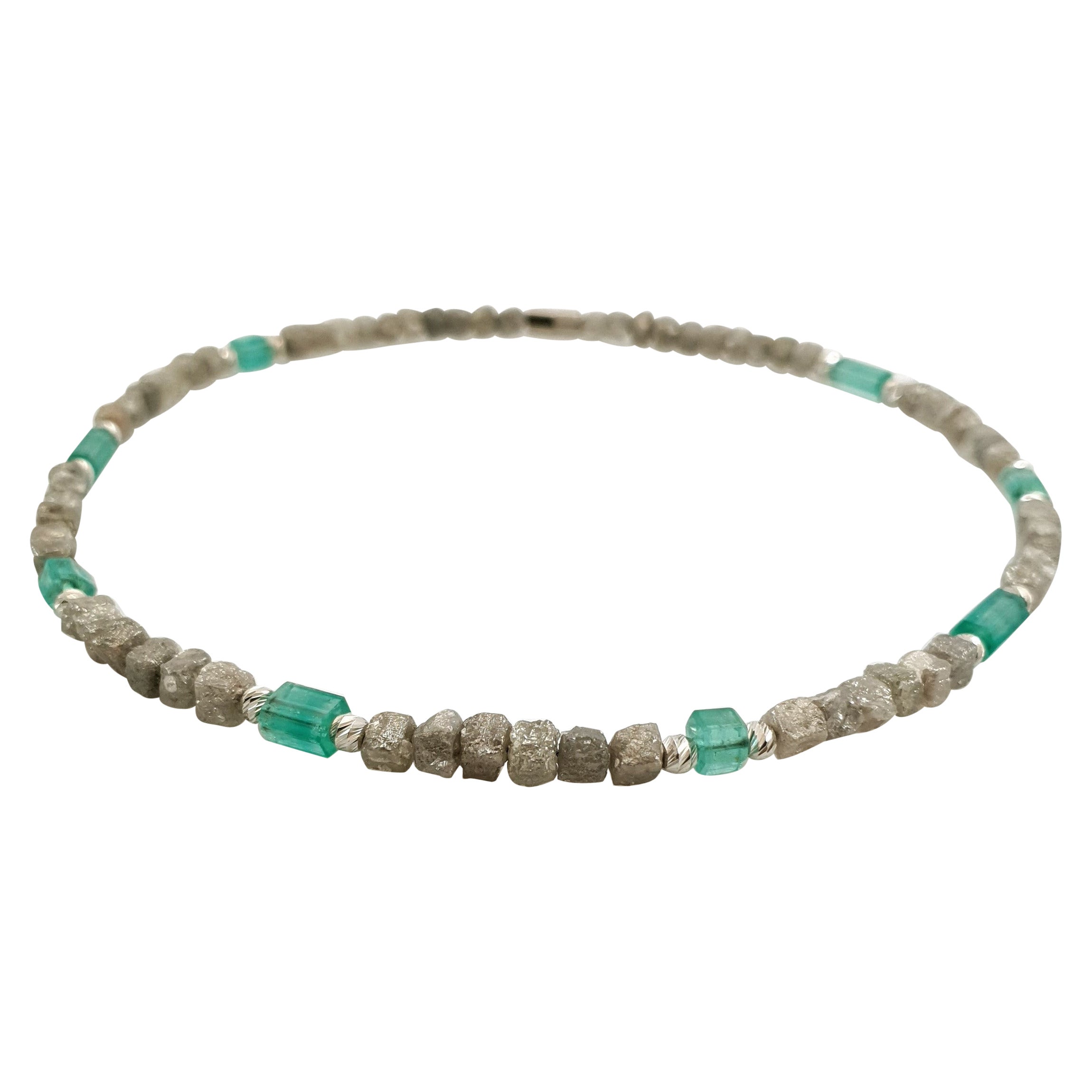 Natural Diamond and Emerald Crystals Beads Necklace with 18 Carat White Gold