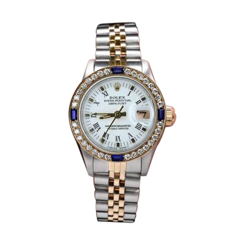 Rolex White Roman Dial Diamond/Sapphire Bezel Two Tone Watch For Sale