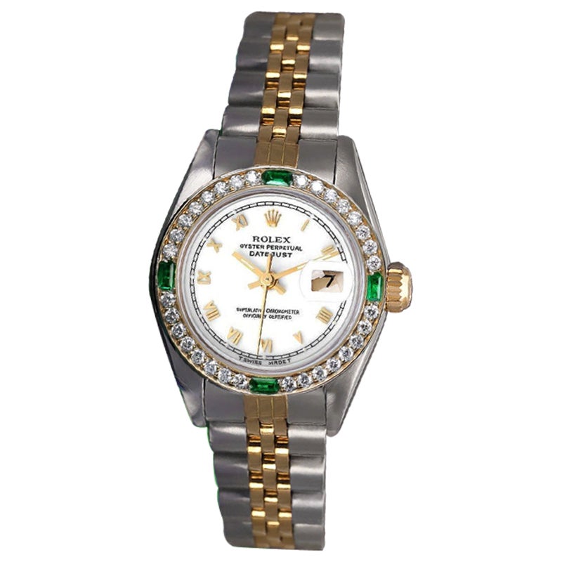 Rolex White Roman Numeral Dial Diamond/Emerald Bezel Two Tone Jubilee Watch For Sale