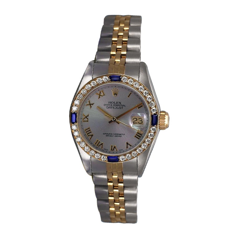 Rolex Datejust Grey Roman Dial Diamond/Sapphire Bezel Two Tone Watch For Sale