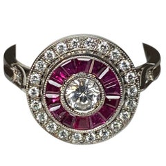 18k Gold Ring in Art Deco Style Set with Diamonds and Calibrated Rubies