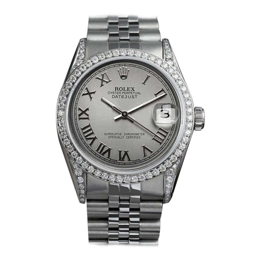 Rolex Montre Datejust en acier inoxydable 36 mm avec cadran romain gris et lunette en diamants