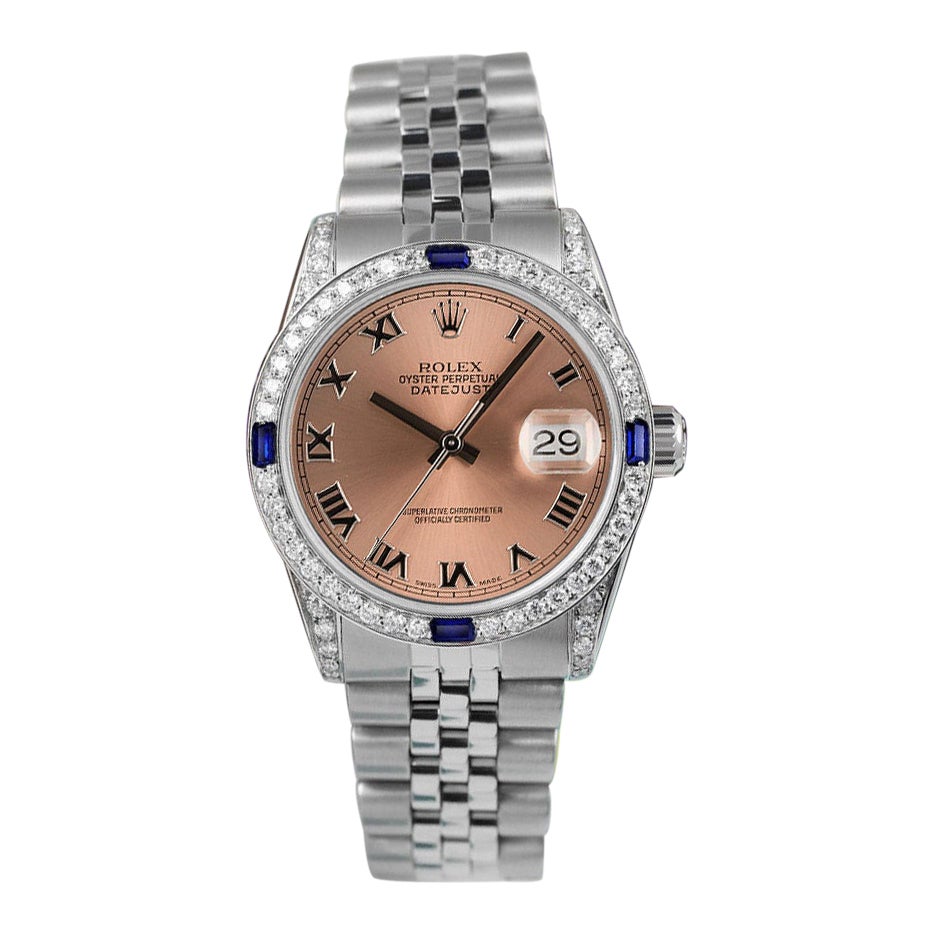 Rolex Datejust Salmon Roman Dial Diamonds / Sapphires Steel Watch For Sale