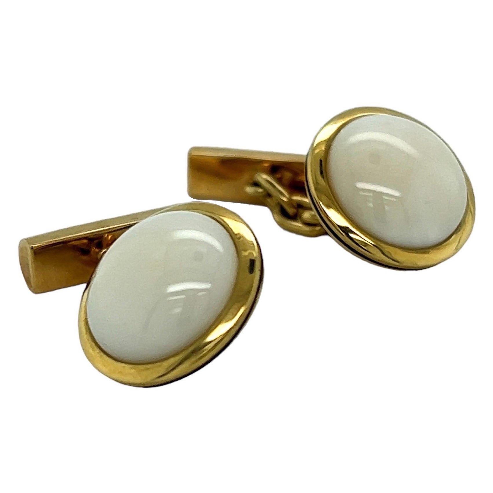 Exquisite 18k Yellow Gold Cufflinks with White Coral and Black Enamel