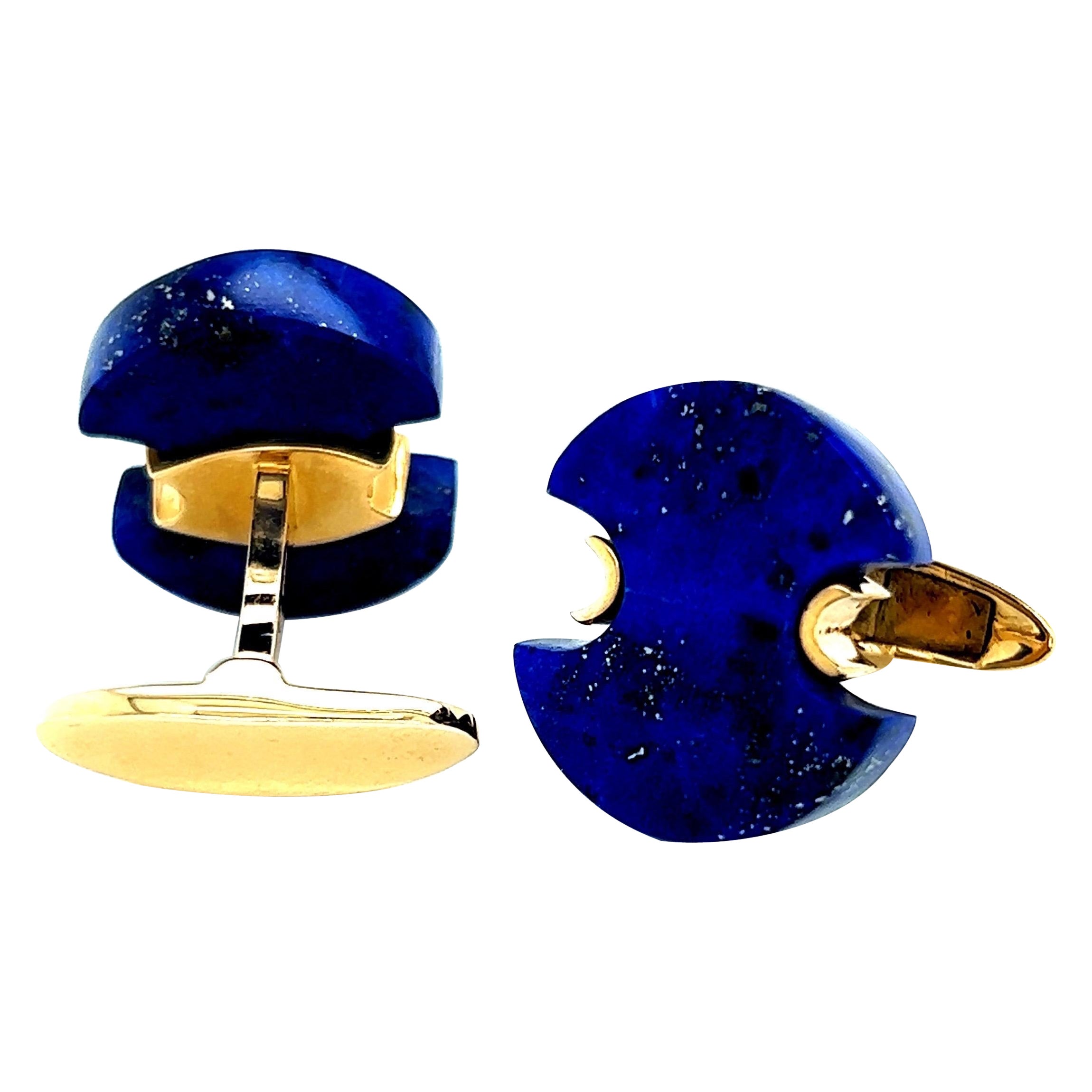 Hand-Cut Lapis Cufflinks in 14k Yellow Gold For Sale