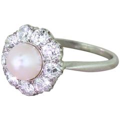 Art Deco 1.40 Carat Old Cut Diamond Natural Pearl Platinum Cluster Ring